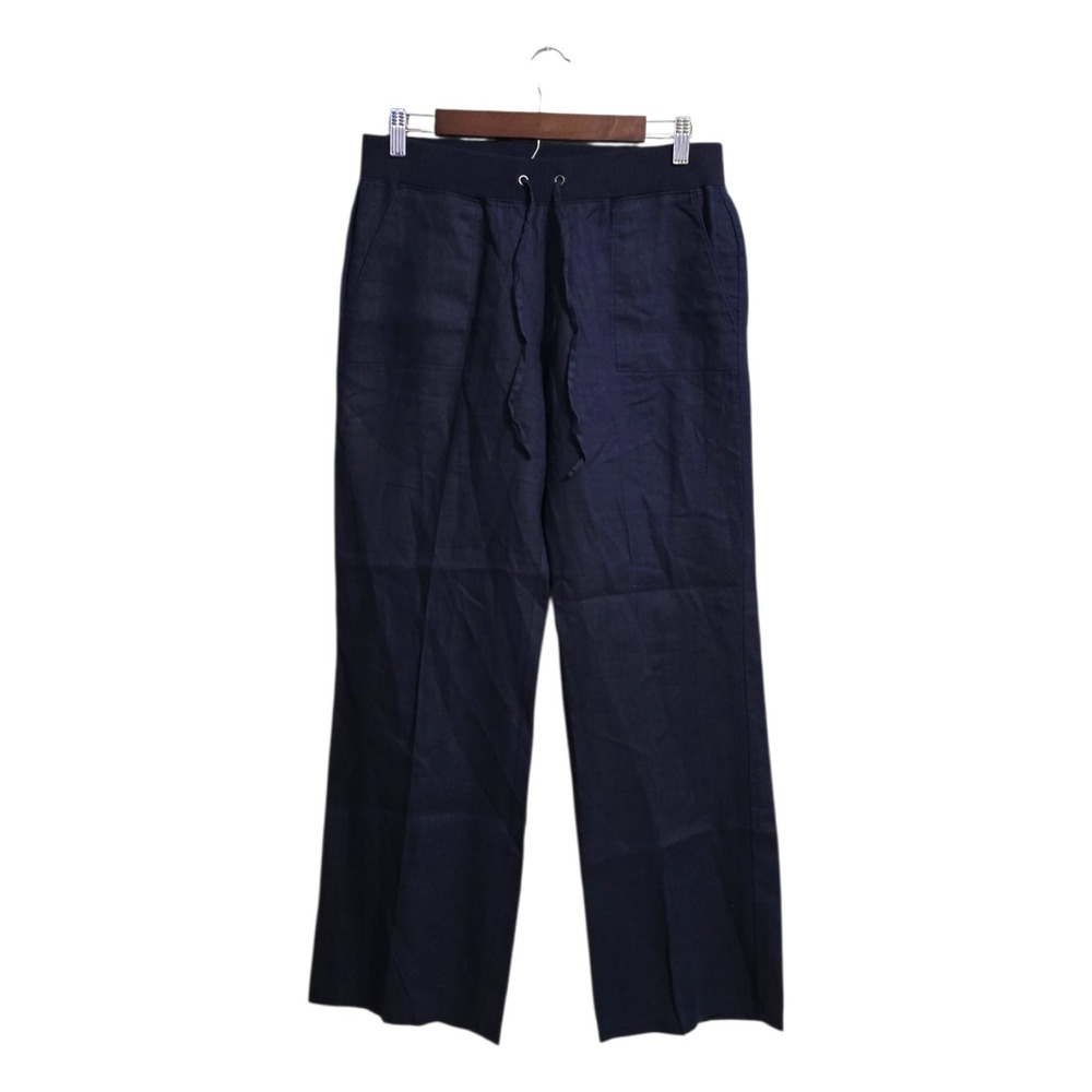 Talbots White Easy Drawstring Linen Wide Leg Ankle Pants In Navy Sz MP